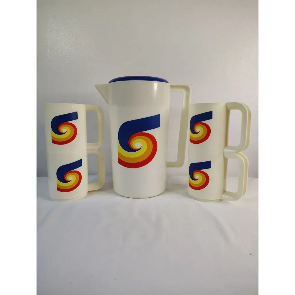 Vintage 1970s Am Pro Plastic Pitcher & 4 Stackable Mugs Retro Camping Set